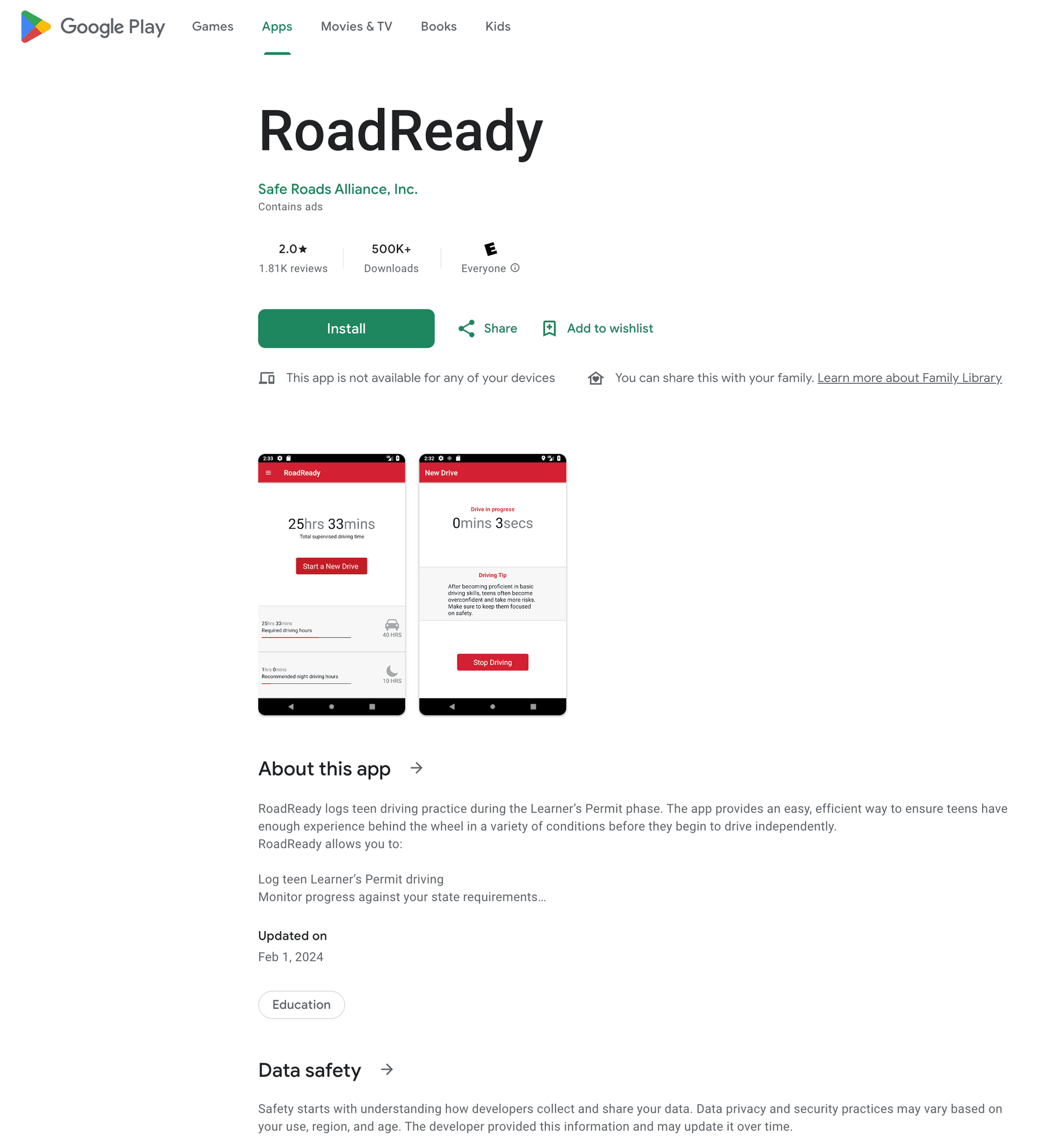 RoadReady app showing 'This app is not available for any of your devices' message with 2.0 star rating